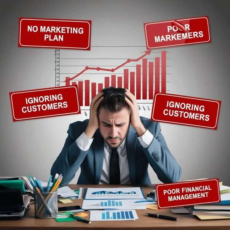 Featured image for “Avoid These 8 Common Digital Marketing Mistakes” showing a stressed business owner surrounded by no marketing plan, poor marketing, ignoring customers, and poor financial management, illustrating how digital marketing mistakes hurt business growth.