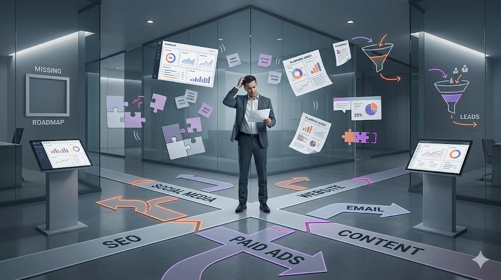 Business owner looking confused while surrounded by disconnected SEO, paid ads, content, email, website, and social media strategies, showing common digital marketing mistakes caused by lack of a clear marketing plan.