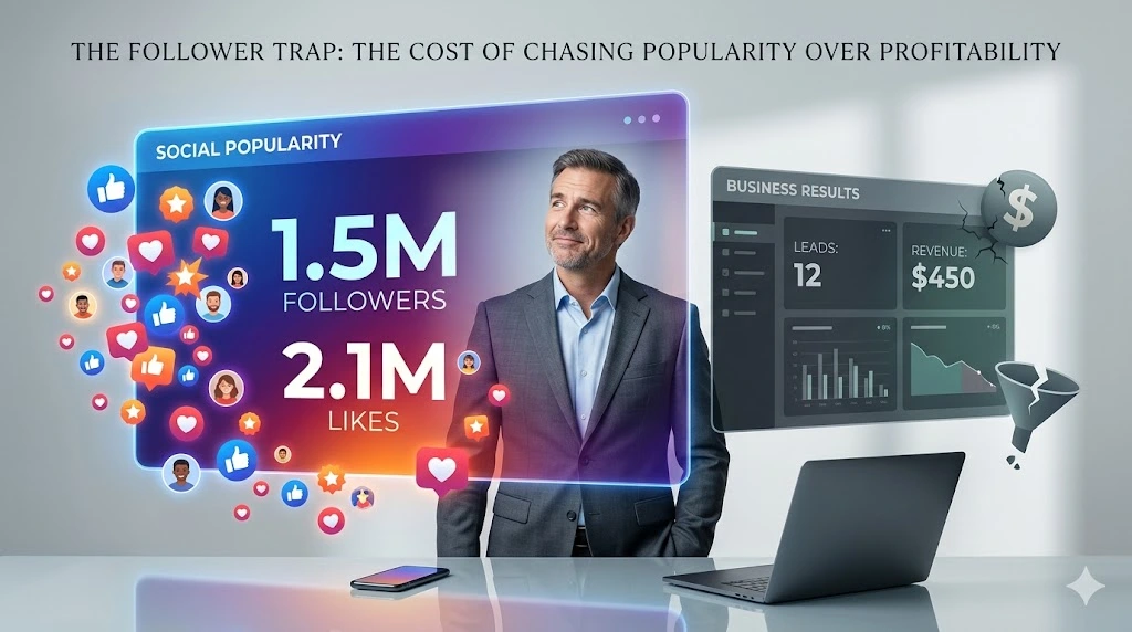 Business owner surrounded by millions of social media followers and likes but showing low leads and revenue, highlighting digital marketing mistakes caused by focusing only on vanity metrics instead of real business growth.