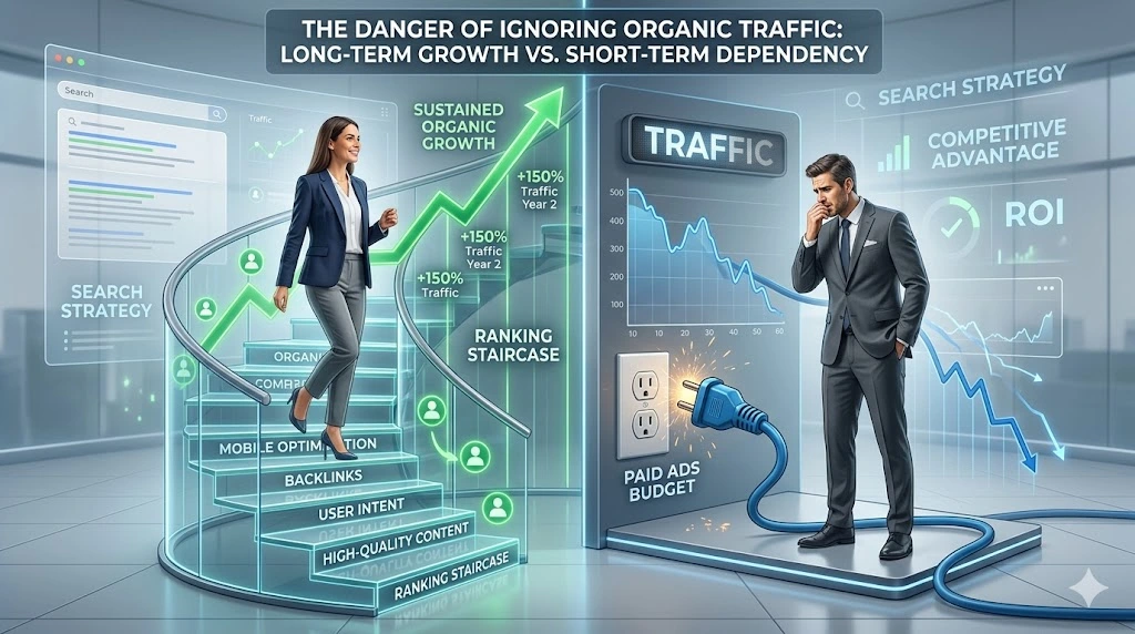 Business scene showing the contrast between SEO-driven organic growth and declining paid traffic, highlighting one of the digital marketing mistakes of ignoring organic traffic and depending too much on ads.