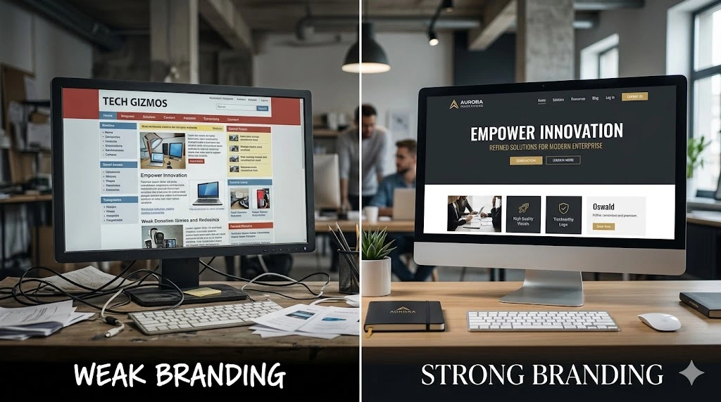 Comparison between weak branding and strong branding website designs, showing how digital marketing mistakes in branding and online presence can affect customer trust, engagement, and business growth.
