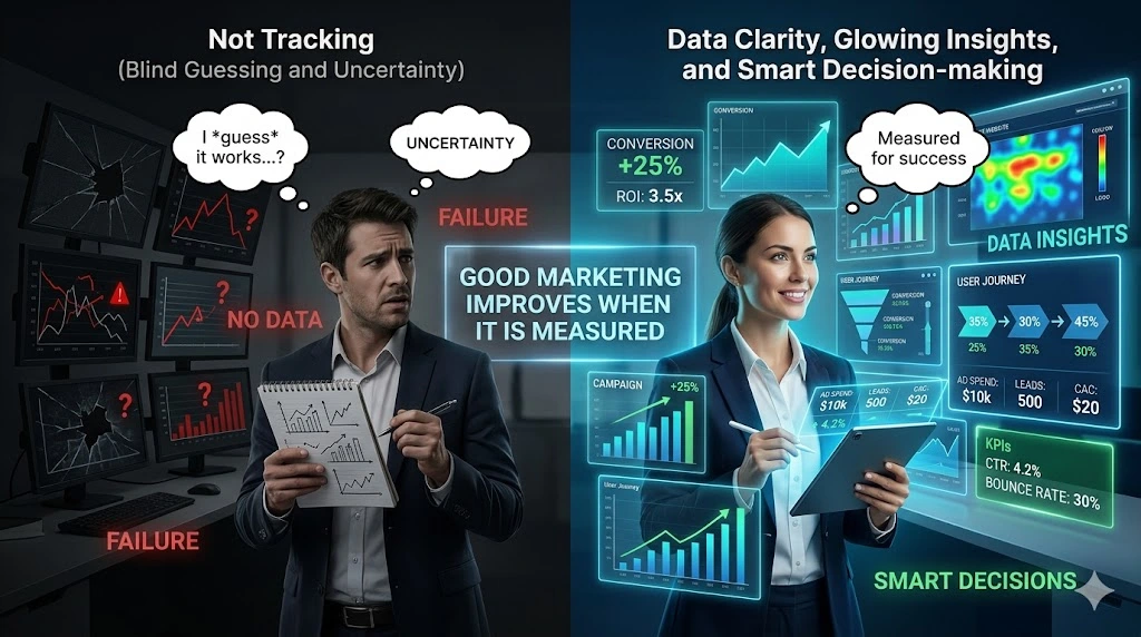 Comparison between blind marketing without analytics and data-driven decision making, highlighting digital marketing mistakes caused by not tracking performance, conversions, ROI, and customer insights.