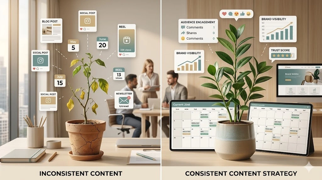 Comparison between inconsistent content posting and a planned content strategy, illustrating digital marketing mistakes that reduce audience engagement, brand visibility, and long-term business growth.