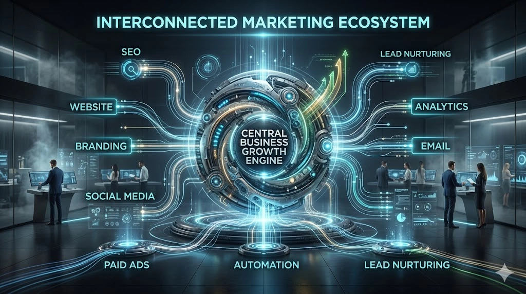 Interconnected digital marketing ecosystem combining SEO, branding, website, social media, paid ads, automation, analytics, email marketing, and lead nurturing, showing how businesses can avoid digital marketing mistakes through a connected growth strategy.